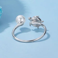 Bague Ajustable Tortue de Mer et Perle Coquillage en Argent 925