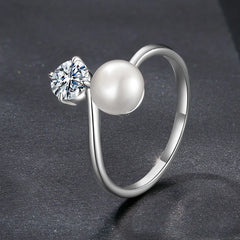 Bague Ajustable Perle et Moissanite en Argent 925 avec Certificat