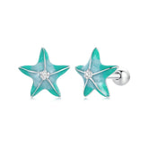 Boucles d'Oreilles Puces Traversantes Étoile de Mer Bleu-Vert en Argent 925