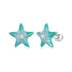 Boucles d'Oreilles Puces Traversantes Étoile de Mer Bleu-Vert en Argent 925