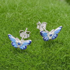 Boucles d'Oreilles Puces Papillon Bleu en Argent 925