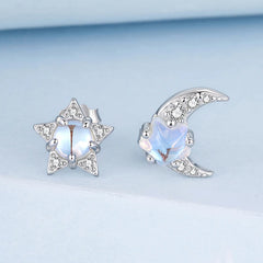 Boucles d'Oreilles Puces Étoile et Lune Irisées en Argent 925