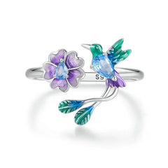 Bague Ajustable Oiseau et Fleur en Argent 925