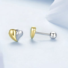 Boucles d'Oreilles Puces Traversantes Cœur Bicolore en Argent 925