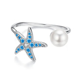 Bague Ajustable Étoile de Mer et Perle Coquillage en Argent 925