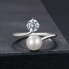 Bague Ajustable Perle et Moissanite en Argent 925 avec Certificat