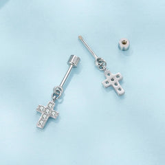 Boucles d'Oreilles Puces Traversantes Croix en Argent 925