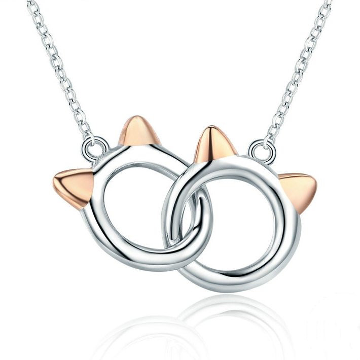 Collier Deux Chats en argent 925 plaqué or blanc et or rose ajustable