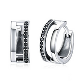 Boucles d’Oreilles Créoles Double en argent 925 plaqué or blanc avec zircons noirs