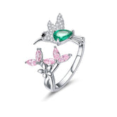 Bague Colibri en argent 925 plaqué or blanc ajustable avec zircons colorés