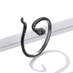Bague Serpent Noir en argent 925 plaqué or noir ajustable avec zircons violet - Photo 3