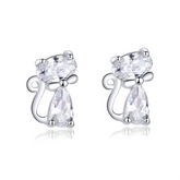 Boucles d’Oreilles Chats Brillants Puces en Argent Sterling 925 plaqué or blanc avec zircons blancs