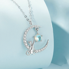 Collier Lune avec Chat et Étoile Argent Sterling 925 plaqué or blanc avec pavé de zircons blancs et pierre de lune - Photo 2