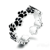 Bague Pattes en argent 925 plaqué or blanc émaillé noir ajustable