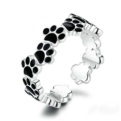 Bague Pattes en argent 925 plaqué or blanc émaillé noir ajustable