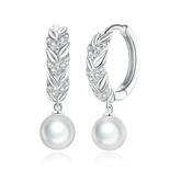 Boucles d’Oreilles Feuilles Brillantes avec Perles Argent Sterling 925 plaqué or blanc avec zircons blancs