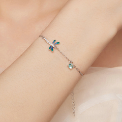 Bracelet Libellule Argent Sterling 925 plaqué or blanc avec zircons blancs et bleus et fermoir ajustable - Photo 2