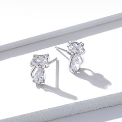 Boucles d’Oreilles Chats Brillants Puces en Argent Sterling 925 plaqué or blanc avec zircons blancs - Photo 4