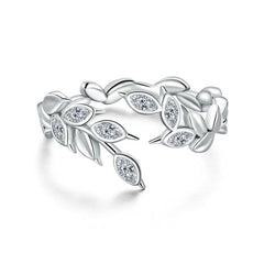 Bague Feuilles en argent 925 plaqué or blanc ajustable avec zircons blancs