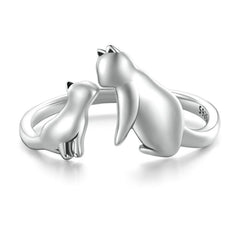Bague Maman Chat en argent 925 plaqué or blanc ajustable