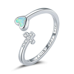 Bague Croix et Coeur en argent 925 plaqué or blanc ajustable avec zircons blancs et opale
