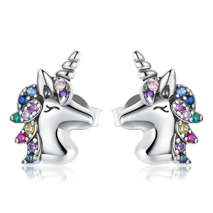 Boucles d’Oreilles Licornes Brillantes Puces en Argent Sterling 925 plaqué or blanc avec zircons colorés