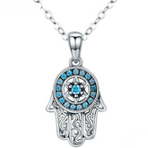 Collier Hamsa Brillant Argent Sterling 925 plaqué or blanc avec zircons bleus