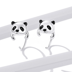 Boucles d’Oreilles Panda Argent Sterling 925 plaqué or blanc avec détails émaillés noirs - Photo 3