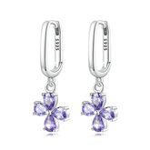 Boucles d’Oreilles Créoles Pendentif Fleurs en argent 925 plaqué or blanc avec zircons violets