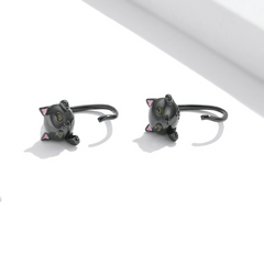 Boucles d’Oreilles Chat Noir Argent Sterling 925 plaqué noir avec des détails émaillés - Photo 3
