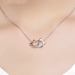 Collier Deux Chats en argent 925 plaqué or blanc et or rose ajustable - Photo 2