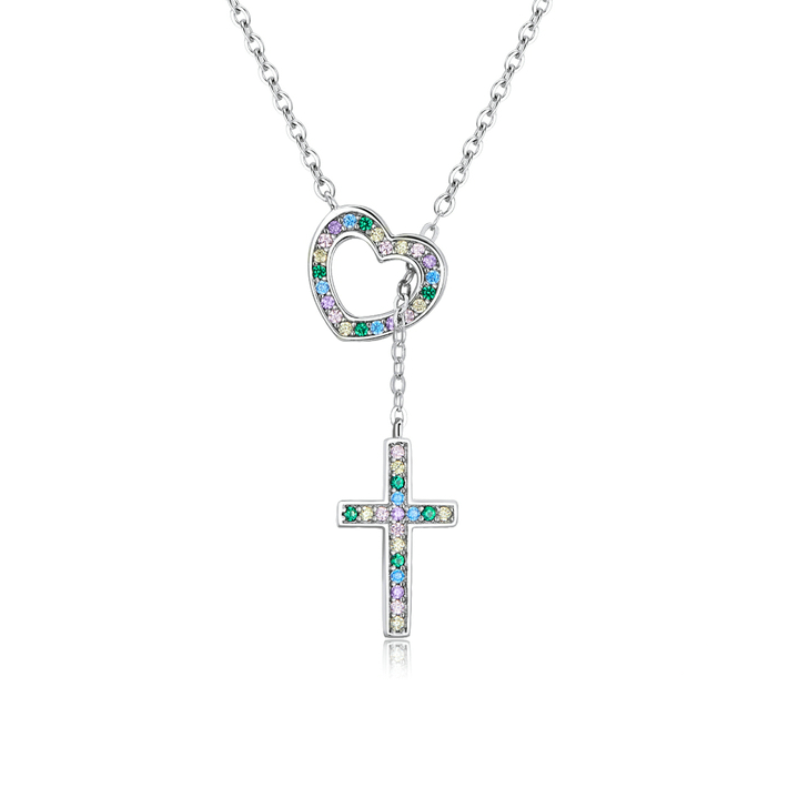 Collier Coeur avec Croix en argent 925 plaqué or blanc avec zircons colorés