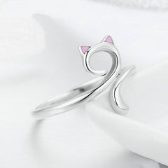 Bague Chat en argent 925 plaqué or blanc ajustable avec oreilles émaillées roses - Photo 4