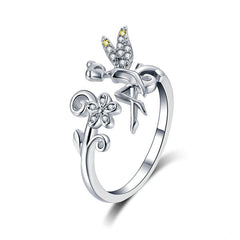 Bague Fée en argent 925 plaqué or blanc ajustable avec zircons blancs et jaunes