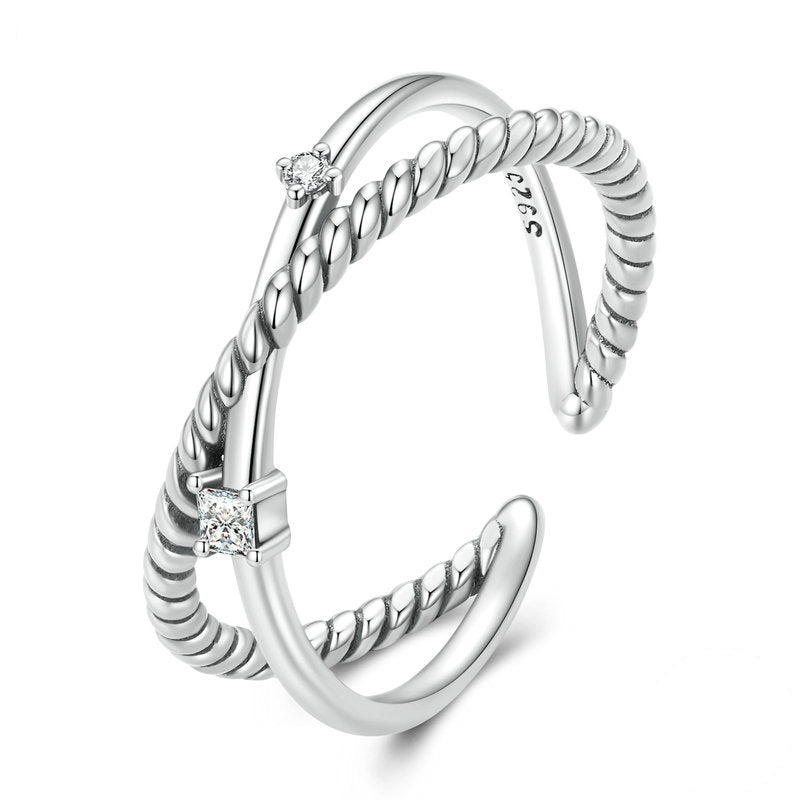 Bague Croisée X en argent 925 plaqué or blanc ajustable avec zircons blancs