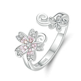 Bague Fleur de Cerisier en argent 925 plaqué or blanc ajustable avec zircons blancs et roses
