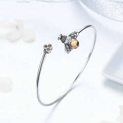 Bracelet Reine des Abeilles en argent 925 plaqué or blanc jonc rigide ouvert avec zircons bruns - Photo 4
