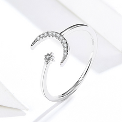 Bague Lune et Étoile Comète en argent 925 plaqué or blanc ajustable avec zircons blancs - Photo 3