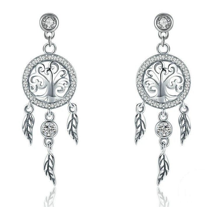 Boucles d’Oreilles Attrape-Rêves avec Arbre de Vie Puces en Argent Sterling 925 plaqué or blanc avec zircons blancs