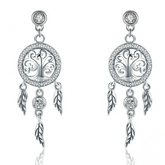 Boucles d’Oreilles Attrape-Rêves avec Arbre de Vie Puces en Argent Sterling 925 plaqué or blanc avec zircons blancs