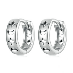 Boucles d’Oreilles Créoles Lunes et Étoiles en argent 925 plaqué or blanc