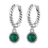 Boucles d’Oreilles Créoles Pendentif Malachite en argent 925 plaqué or blanc avec zircons violets