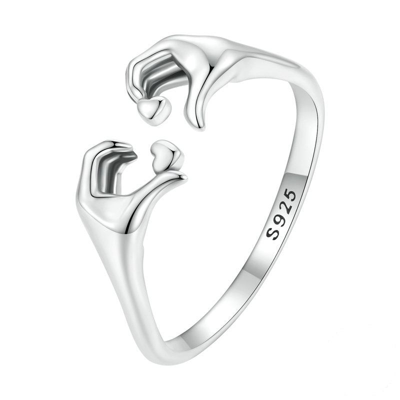 Bague Câlin avec Cœurs en argent 925 plaqué or blanc ajustable avec détail des mains