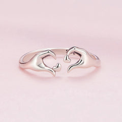 Bague Câlin avec Cœurs en argent 925 plaqué or blanc ajustable avec détail des mains - Photo 4