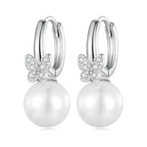 Boucles d’Oreilles Créoles Papillons et Perles en argent 925 plaqué or blanc avec zircons blancs