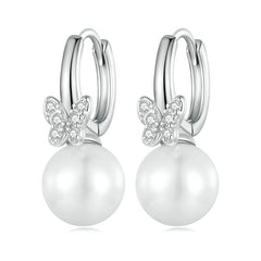 Boucles d’Oreilles Créoles Papillons et Perles en argent 925 plaqué or blanc avec zircons blancs