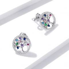 Boucles d’Oreilles Arbre de Vie Puces en Argent Sterling 925 plaqué or blanc avec pavé de zircons colorés - Photo 4