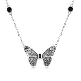 Collier Papillon en argent 925 plaqué or blanc avec zircons noirs et fermoir ajustable