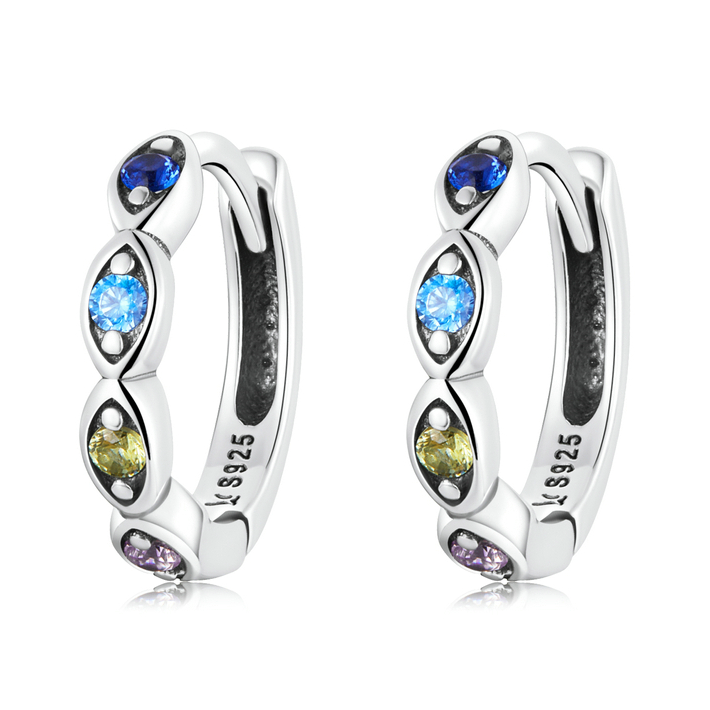 Boucles d’Oreilles Créoles Yeux Protecteurs en argent 925 plaqué or blanc avec zircons colorés