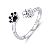 Bague Pattes en argent 925 plaqué or blanc émaillé noir avec zircon blanc ajustable